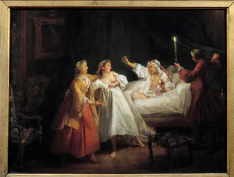 Tales of Jean de La Fontaine: Den Gascon straffade målningen på koppar av Nicolas Lancret (1690-1743) Sön. 0,28 x 0,36 m