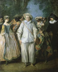 Skådespelarna i den italienska komedin, eller den italienska teatern, ca 1725-28 (olja på trä)