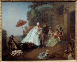 Ankomsten av en dam i en bil dragen av hundar. Målning av Nicolas Lancret (1690-1743)
