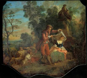 Herden indiskret Bucolic Scen som visar en ung herde som lyfter slöjan under vilken en ung herde sover. Målning av Nicolas Lancret (1690-1743). 1700-talets sön. 0,84 x 0,95 m. Rundturer, Museum of Fine Arts