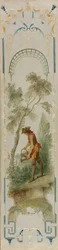 Väggpaneler: Trädgårdsmästaren, trädgårdsodling, vingården, gungbrädan, gungan, ca. 1723-1727.