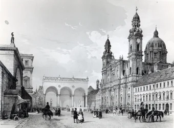 Kungliga slottet, Hall of Marshals och Theatines Church i München, första hälften av artonhundratalet