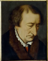 Porträtt av Johann Neudorffer den äldre (1497-1563) (Porträtt av J. Neudorffer den äldre). Mästerförfattare författare till samlingen Fundament (1519, Nürnberg), den äldsta manualen för tryckt skrift. Målning av Nicolas Neufchatel (cirka 1527-cirka 1590), 