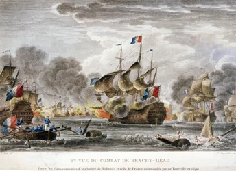 Augsburgska ligans krig: "Vy över slaget vid Cape Beveziers eller Beachy Head mellan den franska och den anglo-holländska flottan den 10 juli 1690" Teckning av Nicolas Ozanne (1728-1811)