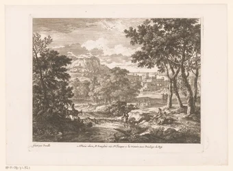 Berglandskap med figurer vid floden