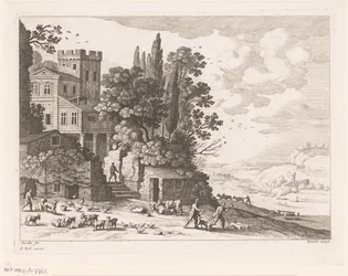 Landskap med hus, figurer och boskap
