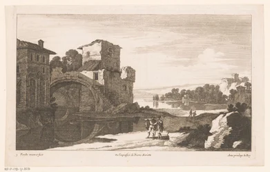 Flodlandskap med ruin med bågbro