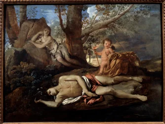 Eko och Narcissus, illustration till legenden som inspirerade Ovidius i ”Metamorfoser”. Målning, 1600-talet. Mått: 0,74 x 1 m, Paris
