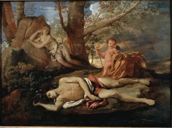 Echo och Narcissus, illustration till legenden som inspirerade Ovidius i «Metamorfoser». Målning av Nicolas Poussin