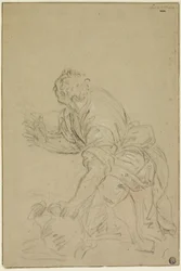 Knäböjande man med kanna (recto); stående man (verso)