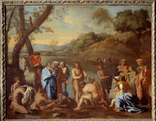 Sankt Johannes döper folket. Johannes Döparen välsignade män vid en flod. Målning av Nicolas Poussin