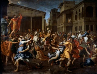 Romarnas avlägsnande av sabinerna. Romulus till vänster observerar scenen. Målning av Nicolas Poussin