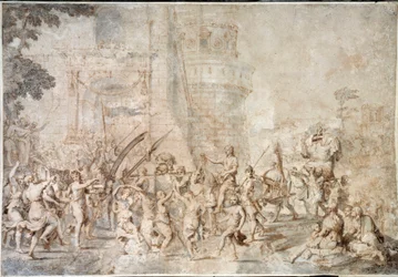 Davids triumf som förde tillbaka huvudet på Goliat Teckning av Nicolas Poussin