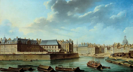 Den östra spetsen av Ile Saint Louis med hotellet Bretonvilliers och Hotel Lambert-målningen av Nicolas Raguenet