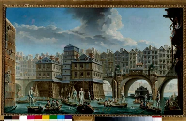 Sjömansspelet mellan Pont Notre-Dame och Pont-au-Change Ett nautiskt spel på Seine i Paris. Målning av Nicolas Jean Baptiste Raguenet (1715-1793) 1756 Paris, Musee Carnavalet