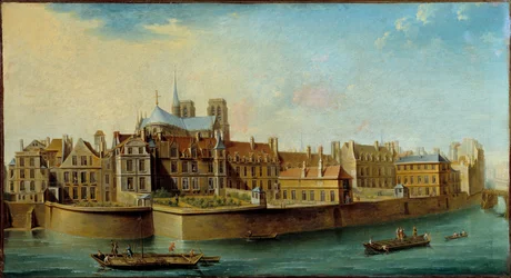 Utsikt över Ile de la Cite med absiden av Cathedrale Notre Dame och Quai aux Fleurs från Ile Saint Louis i Paris Målning av Nicolas Raguenet (1715-1793) 1753 Sön. 0,46x0,84 m Paris, Musee Carnavalet - Utsikt över Ile de la Cite med aperna
