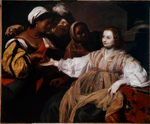 Spåkvinnan En kvinna kom för att konsultera en palmisist. Målning av Nicolas Regnier (1591-1667) Sön. 1,2x1,5 m