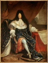 Porträtt till fots av Ludvig XIV (1638-1715) med planen över kungahuset Saint Cyr (Saint-Cyr). Målning av Nicolas Rene Jollain den gamle