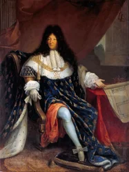 Porträtt av Ludvig XIV med planen för Maison Royale de Saint-Louis i Saint-Cyr