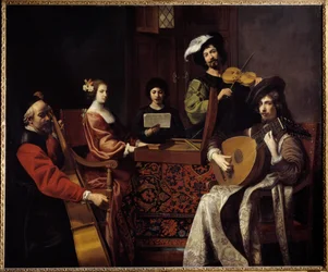 Barockmusik: ”Konserten”. Musiker som spelar stränginstrument. Målning av Nicolas Tournier (1590-1657), 1600-talet, Sun. 1,88 x 2,26 m
