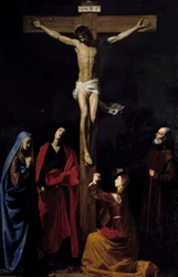 Kristus på korset, Jungfrun, Madeleine, Saint John och Saint Vincent de Paul Inskriptionen "" INRI"" på korset. Målning av Nicolas Tournier (1590-1657)