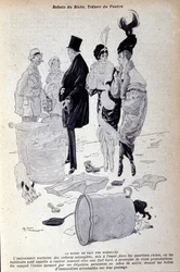 Paris: avfall samlas på gatan framför elegant klädda människor. Illustration av fransk press av H. Tournier