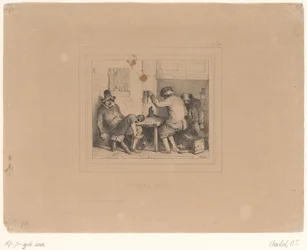 Tre berusade bönder på en pub Vive la joie (titel på objekt) Sketches 1837 (serietitel) Croquis av Charlet 1837 (serietitel)