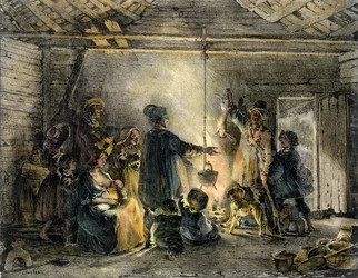Interiör av en kolgruvarkoja, graverad av Godefroy Engelmann (1788-1839) 1829