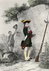 Napoleon I Bonaparte (1769 - 1821) vid militärskolan i Brienne 1783. Gravyr av Charlet från 1800-talet.