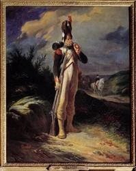 Porträtt av en grenadjär av vakten Porträtt av en grinig av vakten av Napoleon Bonaparte. Målning av Nicolas Toussaint Charlet (1792-1845) 1842 Sön. 0,81 x 0,65 m