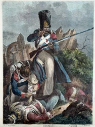 Den franske soldaten. (Grenadier I empire wesse) Gravyr av Nicolas Toussaint Charlet (1792-1845)