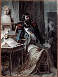 Den gamle grognarden. En sjuklig före detta medlem av Napoleon I:s (1769-1821) garde vid en byst av kejsaren. Teckning av Nicolas Toussaint Charlet (1792-1845), 5/05/1820. Rueil-Malmaison, Musée national des châteaux de Malmaison et Bois-Préau