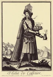 Caffettier: "Habit de Caffettier "(Kaffebryggare eller kaffehandlare, choklad, te, likörer) Satirisk teckning från "Costumes Grotesques" av Nicolas de Larmessin (1640-1725)