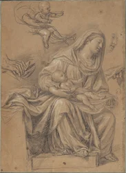 Sittande madonna med Jesusbarnet på knä och relaterade studier