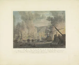 Bombardement av Alger, 1816 Algeriets seger i Algerbukten av de engelska och holländska skvadronerna, under kommando av amiralen Lord Exmouth och viceamiralen i Capellen, 27 augusti 1816 (titel på obj.