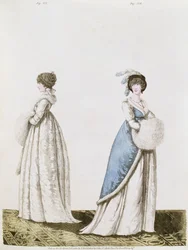 Eftermiddagsklänningar fikon. 327 och 328 från Nikolaus Heideloffs "Gallery of Fashion" Vol II februari 1802 (tryck)