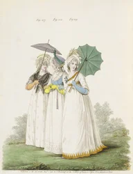 Morgonklänningar, fikon. 107, 108 och 109 från Nikolaus Heideloffs "Gallery of Fashion", Vol. II, augusti 1796 (tryck)