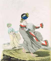Morgonklänningar fikon. 134 och 135 från Nikolaus Heideloffs "Gallery of Fashion" Vol II, april 1797 (tryck)