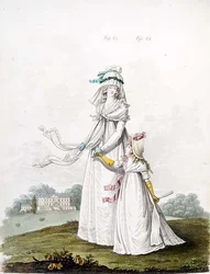 Mor och barn i morgonklänning från Nikolaus Heideloffs "Gallery of Fashion", Vol II, augusti 1795 (tryck)