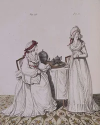 Två damer vid frukost i deras omklädningsrum, iklädda nattmössor och peignoirs, från Nikolaus Heideloffs "Gallery of Fashion", Vol I, november 1794 (tryck)