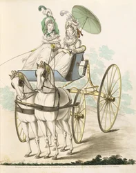 Två damer, en negligee, tar en sändning i en phaeton, från Nikolaus Heideloffs Gallery of Fashion, Vol I, augusti 1794 (tryck)