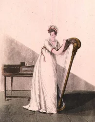 Ung kvinna med en harpa från Heideloff "Gallery of Fashion", tidigt 1800-tal (färgad gravyr)