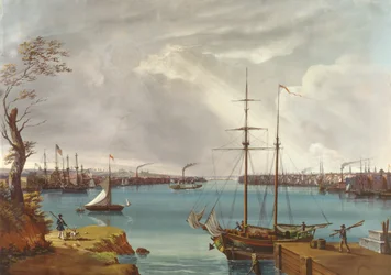 Utsikt över New York, Brooklyn och Navy Yard tagen från Heights nära Williamsburg, ca 1835-45 (gouache, wc på papper)