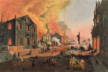 Vy över ruinerna efter den stora branden i New York, 16-17 december 1835, graverad av W.I. Bennett, pub. av L.P. Glover, New York, 1835 (akvatint i färg)