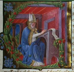 Saint Augustine Writing Miniature av Nicolo Polani hämtad från "" De civitate dei"" (Guds stad) av Saint Augustine of Hippo (354-430). 1459. Paris, Bibliotheque sainte Genevieve