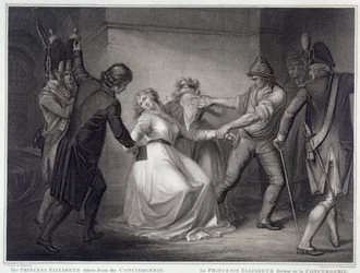 Franska revolutionen: syster till kung Ludvig XVI Elisabeth av Frankrike (1764-1794) släpptes från Concierge-fängelset den 10/05/1794. Gravyr av Niccolo Schiavonetti (död 1813) Paris, Musee Carnavalet
