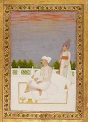 Adelsman, möjligen Mir Qasim, sittande på en terrass med åtföljande, 1700-tal