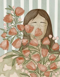 En fridfull kvinna med blommor