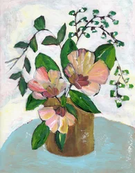 Stilleben med mjukrosa blommor