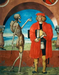 Death with Jurist, detalj av Death, Knight and Jurist från cykeln Dödsdansen av Albrecht Kauw